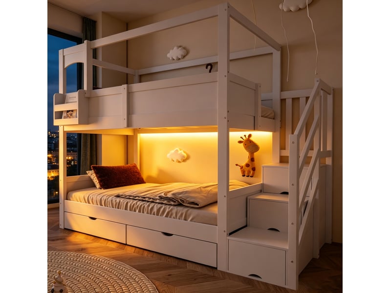  Lit superposé 90 × 200 cm avec échelle de rangement, 2 tiroirs et tableau amovible pour chambre d'enfant, blanc  - Conforama E
