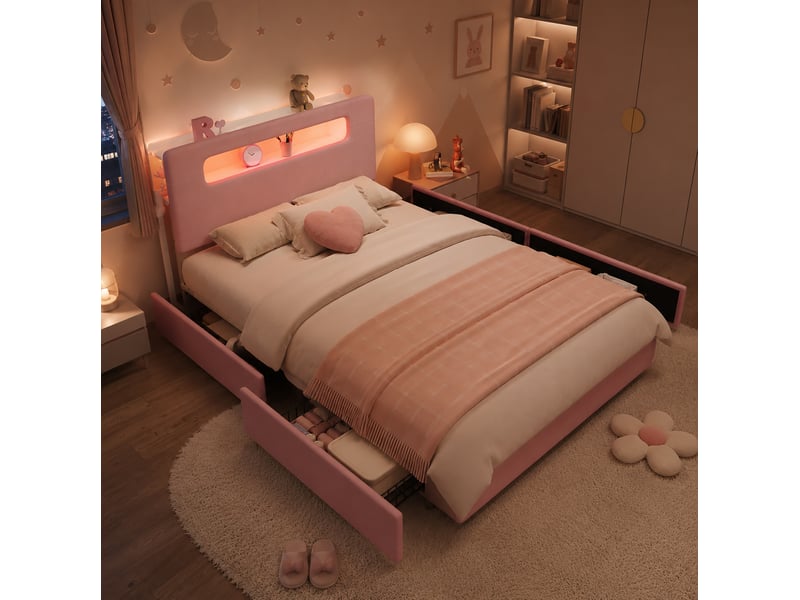  Lit enfant capitonné en velours rose 140 x 200 cm avec 4 tiroirs et éclairage led pilotable par application  - Conforama C