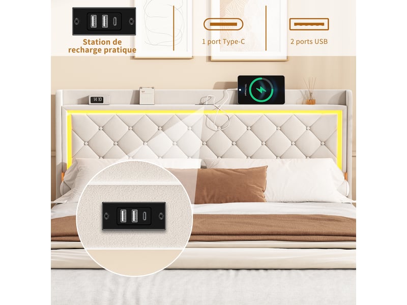  Kefsr lit double 140x200 cm avec 4 tiroirs, tête de lit rangement et led rgb, velours beige, ports usbtype-c, sommier inclus  - Conforama R