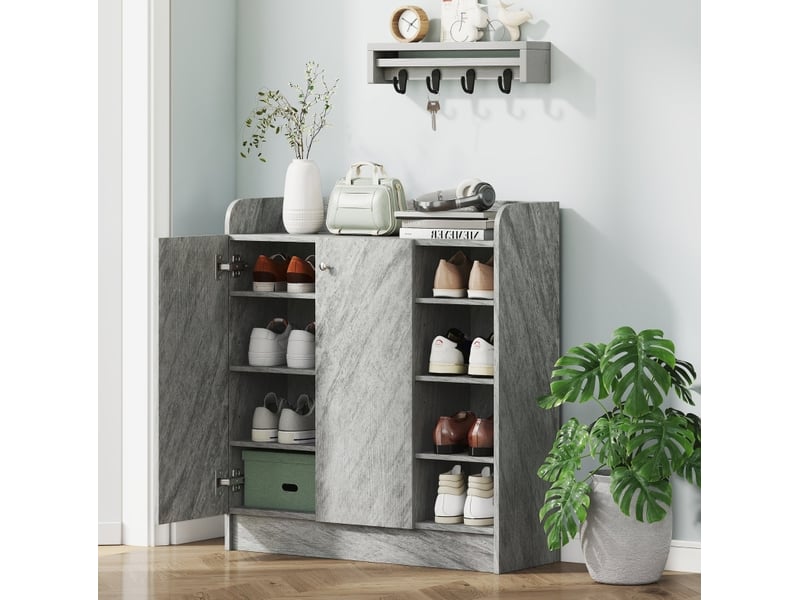  Meuble à chaussures 83 x 30 x 90 cm en panneaux de particules et mdf avec 2 portes et 4 compartiments ouverts gris chicfurn  - Conforama B