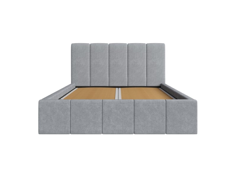 Lit coffre ravello 180x200 cm en tissu gris avec tête de lit capitonnée et sommier inclus - Conforama D