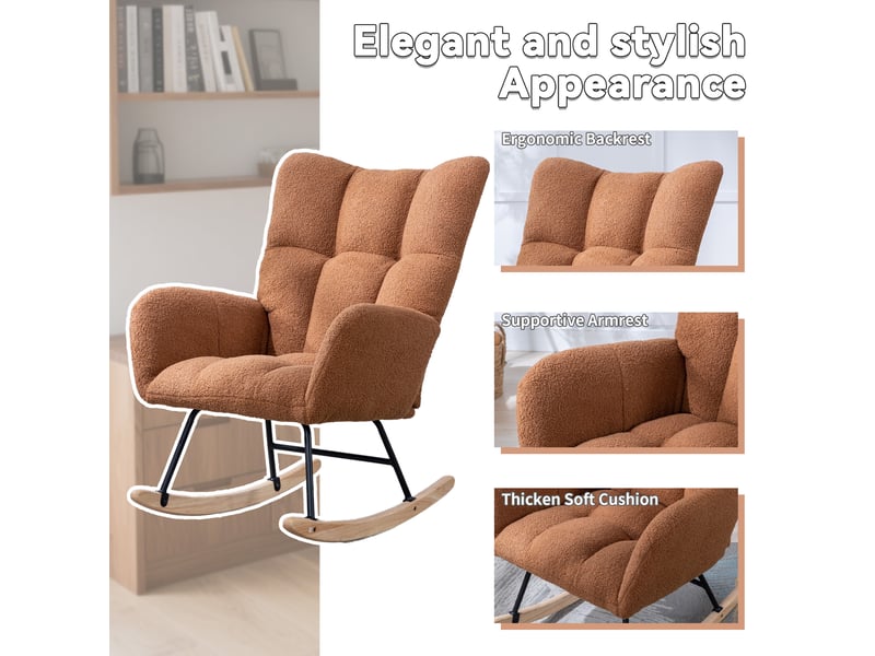  Rocking-chair ergonomique à bascule avec accoudoirs et dossier enveloppant, structure stable, tissu teddy marron  - Conforama E