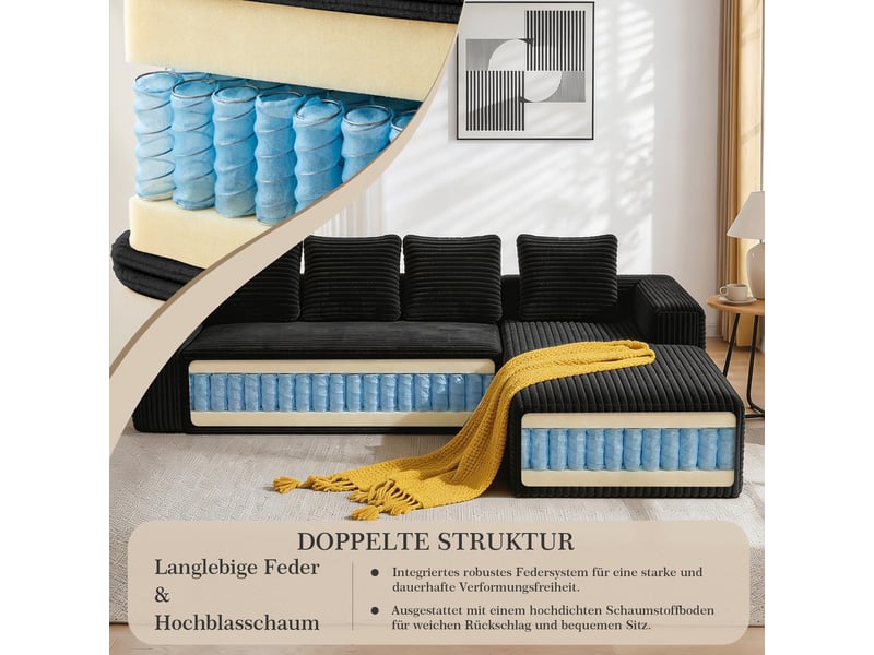  Canapé-lit, 261 × 168 × 58 cm, noir, velours côtelé, forme l, avec méridienne, modules reconfigurables, structure sans cadre  - Conforama E