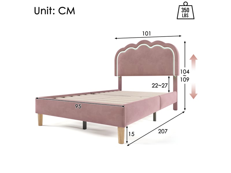  Lit simple led 90x200 cm en velours rose avec tête de lit réglable  - Conforama E