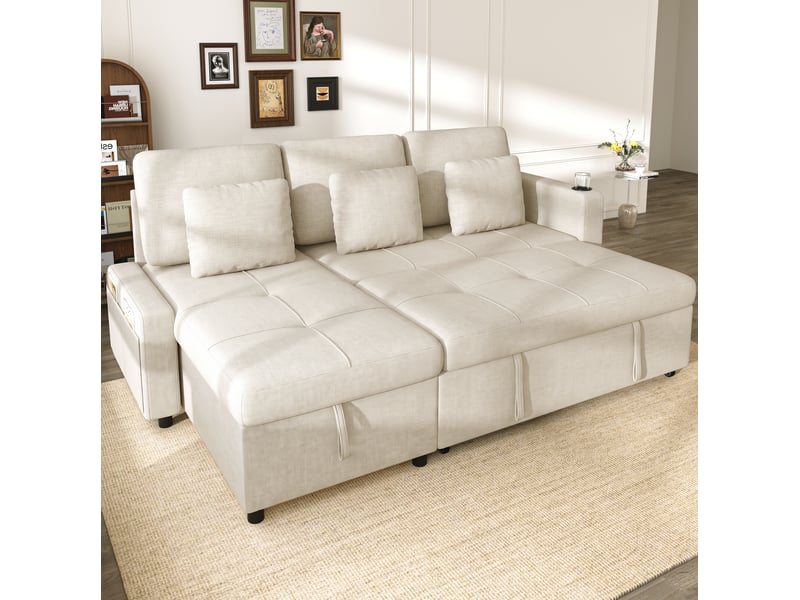  Canapé-lit 3 places convertible 201,3x126,1x86,1 cm avec rangement couleur beige clair, poches latérales, coffre sous  - Conforama E