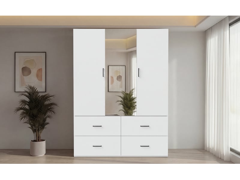  Armoire avec miroir, 2 portes, 4 tiroirs, style moderne, idéale pour une chambre, blanche  - Conforama D
