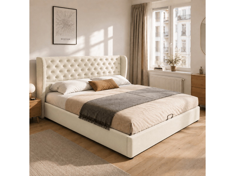  Lit coffre rembourré 160 x 200 cm en velours beige, tête de lit à oreilles capitonnée, sommier à lattes 3068034AAC - Conforama E