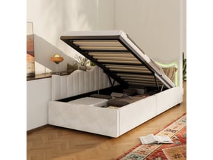 Canapé-lit 90 x 200 cm avec rangement hydraulique, lit coffre avec éclairage led, lit rembourré multifonction, pour salon et chambre, velours beige