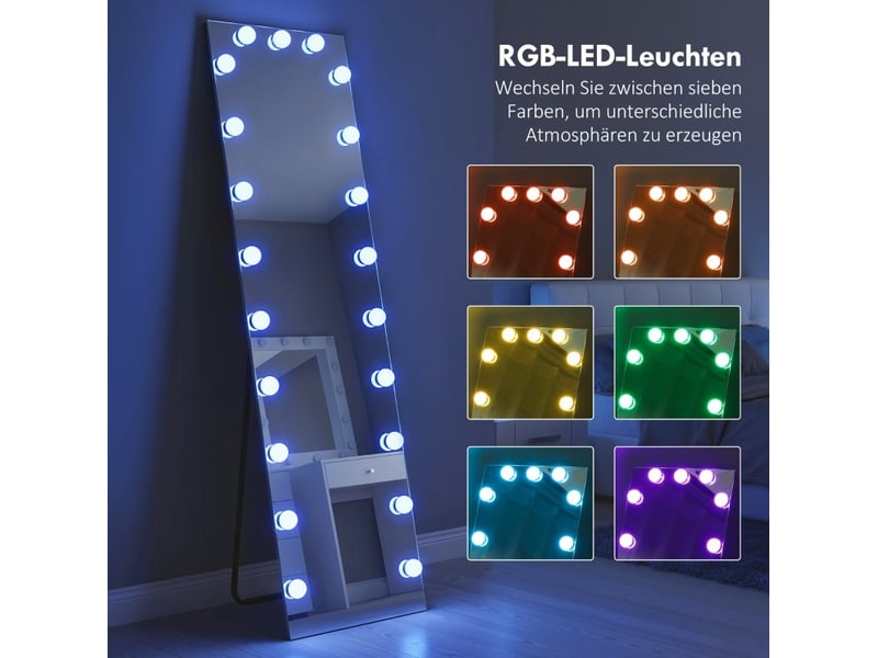  Miroir sur pied rectangulaire 40 x 150 cm, 21 ampoules led rgb à 7 couleurs, tactile, mémoire, à poser  - Conforama E