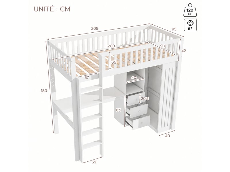 Lit mezzanine 90 x 200 cm avec bureau, armoire et 3 tiroirs, en pin et mdf blanc pour chambre enfant - Conforama C