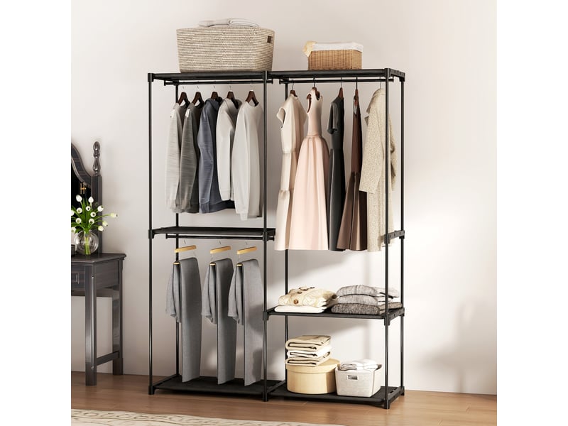 Armoire de rangement, penderie portable avec 3 barres de suspension et 4 étagères, 142 x 43 x 185 cm, noir  - Conforama C