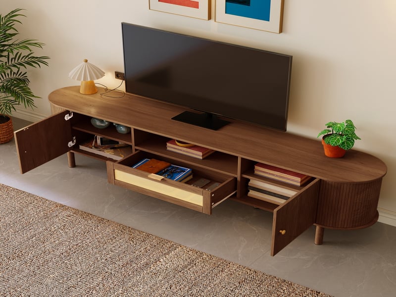  Meuble tv noyer design incurvé moderne 175 cm de long avec tiroirs et niches  - Conforama B
