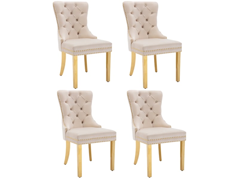 Lot de 4 chaises de salle à manger en velours beige avec pieds en acier inoxydable doré et anneau au dos - Conforama A