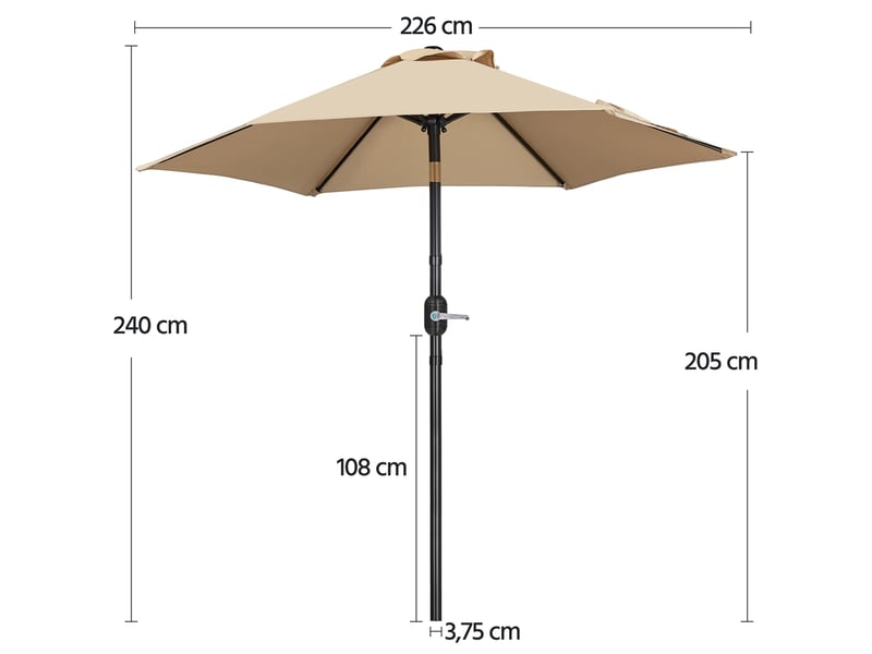 Parasol de jardin extérieur parasol inclinable à 6 baleines parasol balcon avec manivelle protection solaire de 240 cm de haut pour terrasse jardin patio plage piscine balcon brun clair  - Conforama D