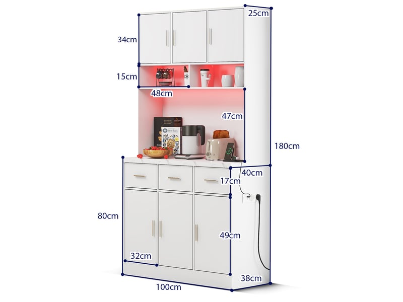 Meuble de cuisine muvano, buffet de cuisine blanc avec led et 3 tiroirs, 100 × 40 × 180 cm - Conforama W