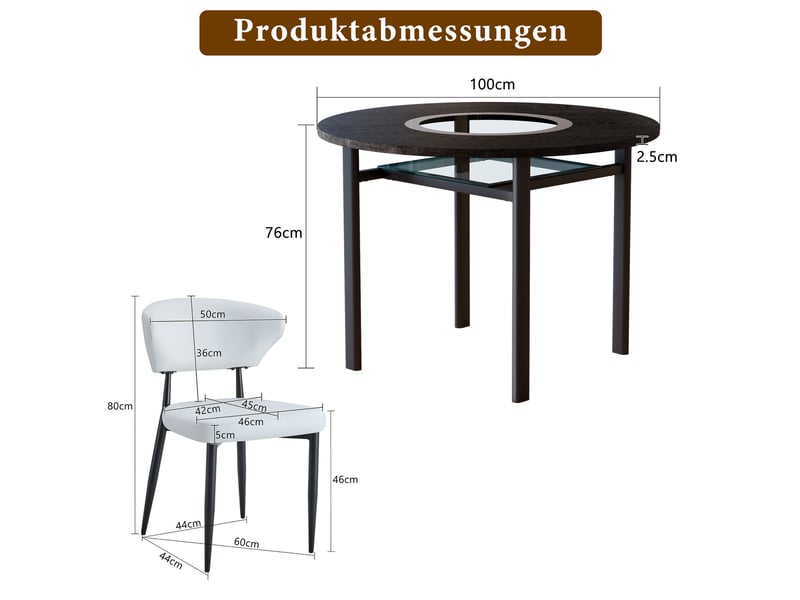  Ensemble table ronde 100x100x76 cm avec 2 chaises, insert central en verre, mdf, métal et polyuréthane (pu), noir et blanc  - Conforama C