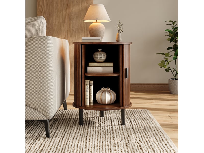  Table de chevet ronde avec 1 porte coulissante et 1 étagère, en mdf et panneaux, noyer, 48 × 48 × 65 cm  - Conforama C