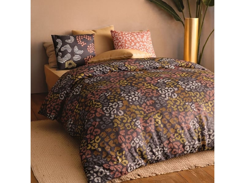  Parure housse de couette 240x220cm + 2 taies motif graphique brun et corail 100% coton - lilwen LILWEN - Conforama B
