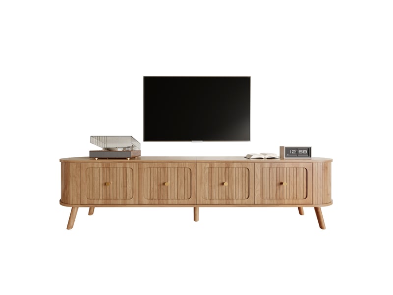  Meuble tv bas 180x38x47cm bords arrondis rangement | style vintage effet chêne et détails dorés | 4 portes charge 60kg - chêne clair  - Conforama A