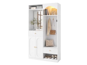 Banc de rangement avec miroir et led - patères, rangements réglables, mdf blanc 100 × 35 × 180 cm