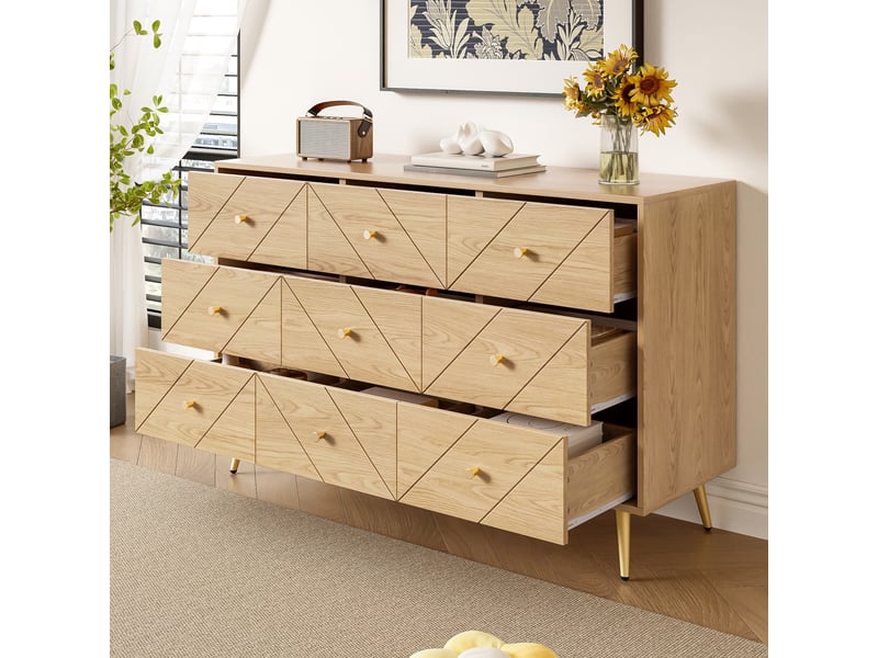  Commode 9 tiroirs de rangement pour chambre en panneaux de particules 120×39×80 cm naturel  - Conforama C