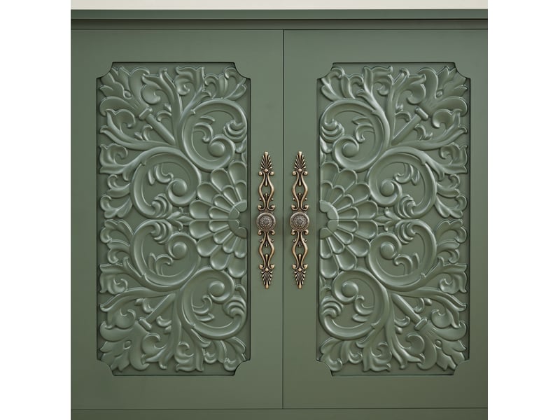  Buffet de rangement avec portes sculptées rétro, poignées métalliques et bords arrondis, pour salon, vert, 160 × 40 × 89 cm  - Conforama E