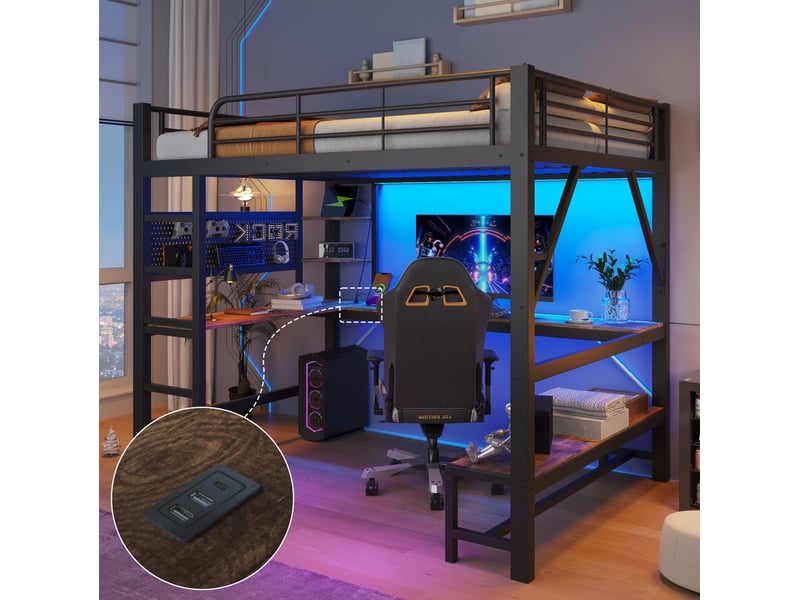  Lit mezzanine 160x200 cm noir en métal et mdf avec bureau, led, usb-c, rangements et panneau perforé, sans matelas  - Conforama E