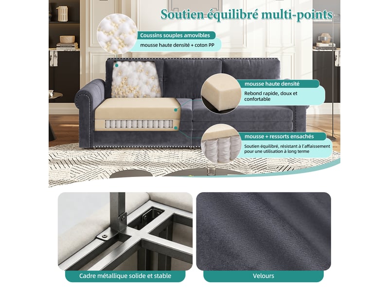  Canapé convertible 3 places gris en velours avec accoudoirs arrondis, 238 cm Fay Lum - Conforama R