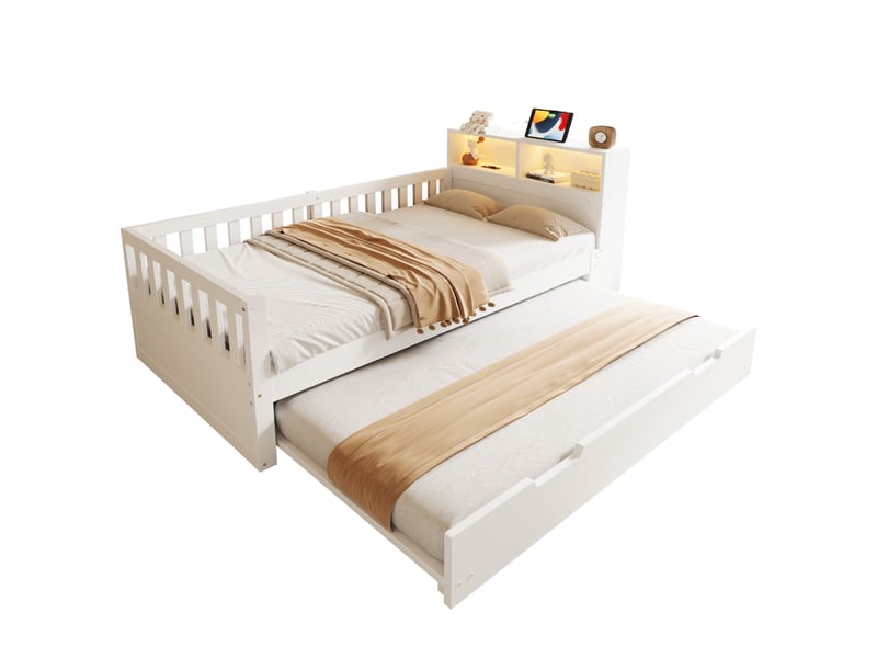  Lit gigogne, 90x200 cm, avec rangement, led, tête de lit, sommier à lattes, matelas non inclus, bois, coloris blanc  - Conforama A