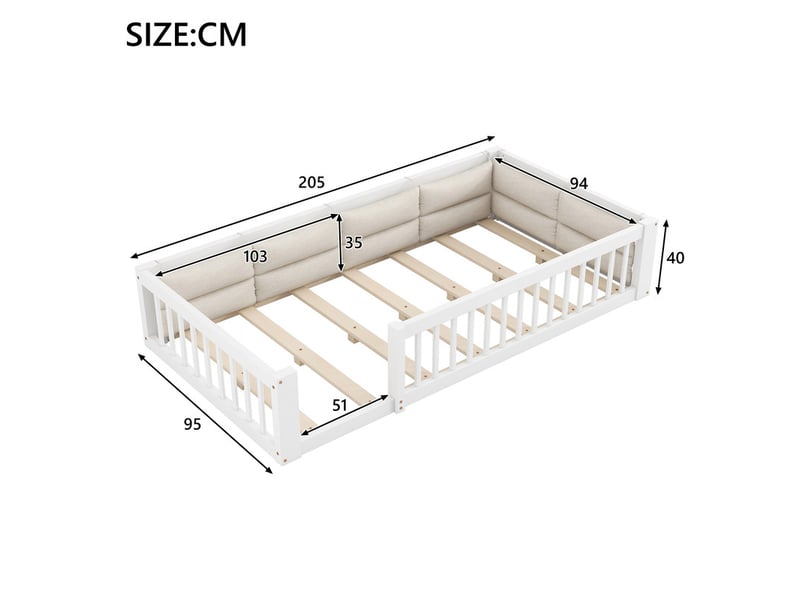 Lit simple 90x200 cm - avec barrières latérales et oreillers appuie-tête - sommier à lattes - mdf - blanc (sans matelas)  - Conforama C
