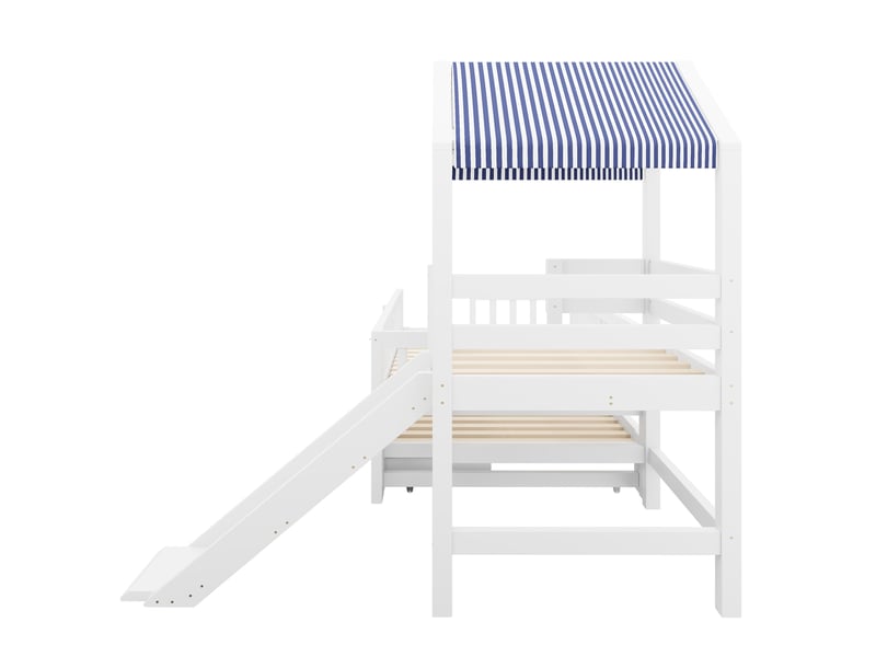 Lit cabane enfant avec lit gigogne 90x200 cm, couchage 90x190 cm, toboggan, escalier, tiroirs, toit en tissu, bois massif blanc Radiant Stride - Conforama E