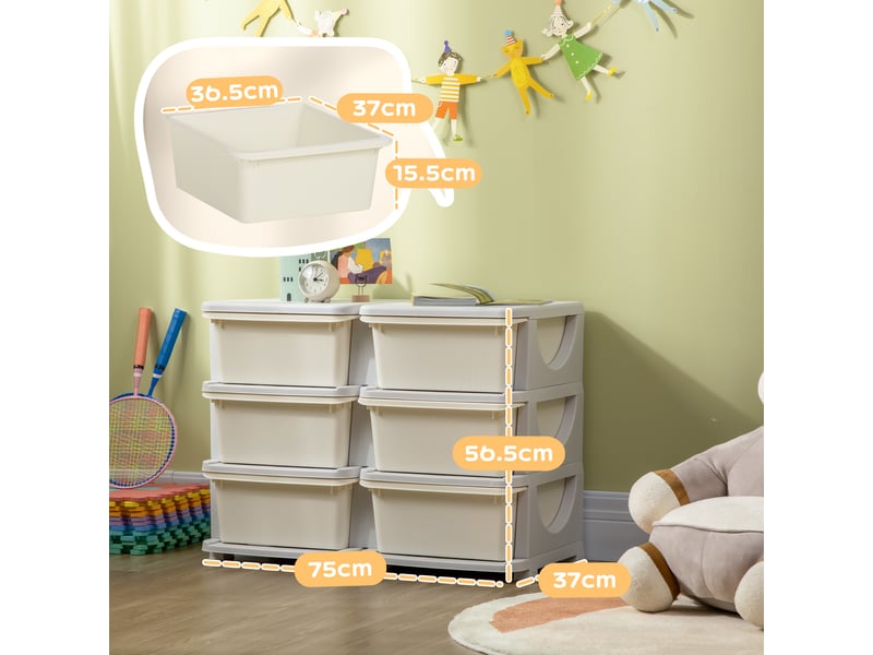 Commode à 6 tiroirs pour enfants de 3 à 6 ans, bords arrondis, en polypropylène blanc crème, 75 x 37 x 56,5 cm - Conforama E