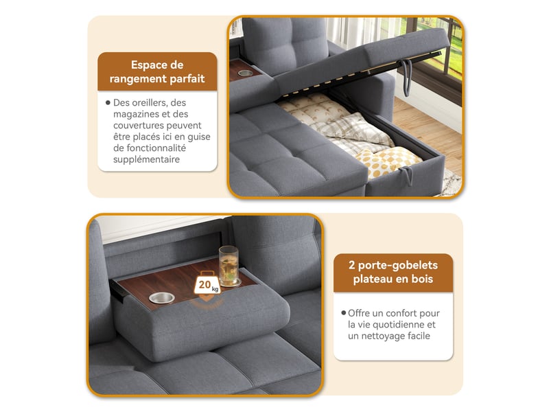 Canapé d'angle convertible 3 places en tissu effet lin, méridienne réversible, rangement, 211×136×87 cm - Conforama R