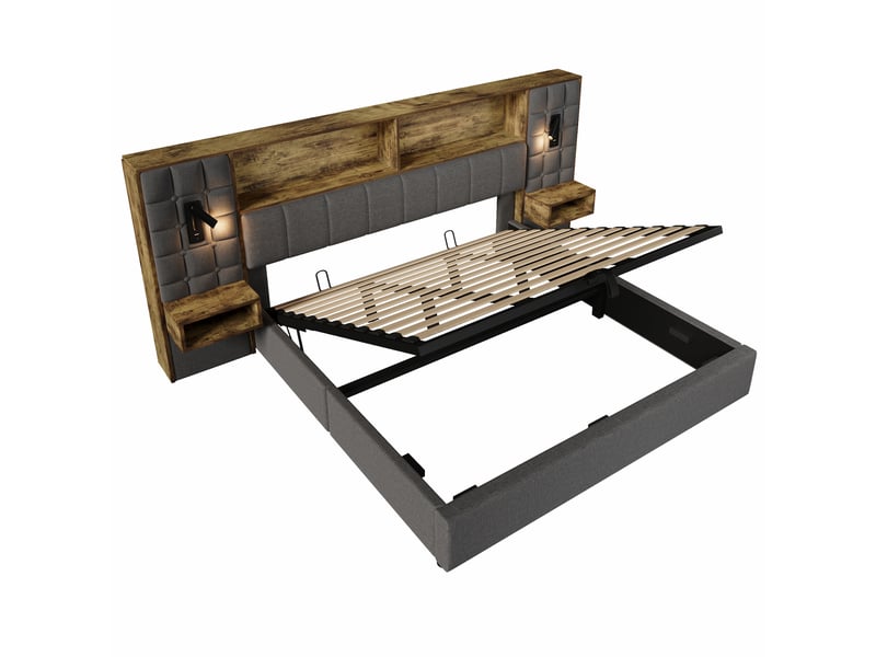  Lit double capitonné rembourré 180x200 cm en lin gris, coffre hydraulique, éclairage led, ports usb et type-c, 2 tables de chevet, lampes de lecture Luxe haut de gamme - Conforama A