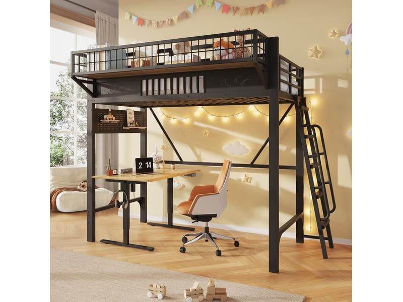  Lit mezzanine 90 × 200 cm 1 place avec rangements et espace inférieur ouvert, sans matelas, en métal noir  - Conforama B