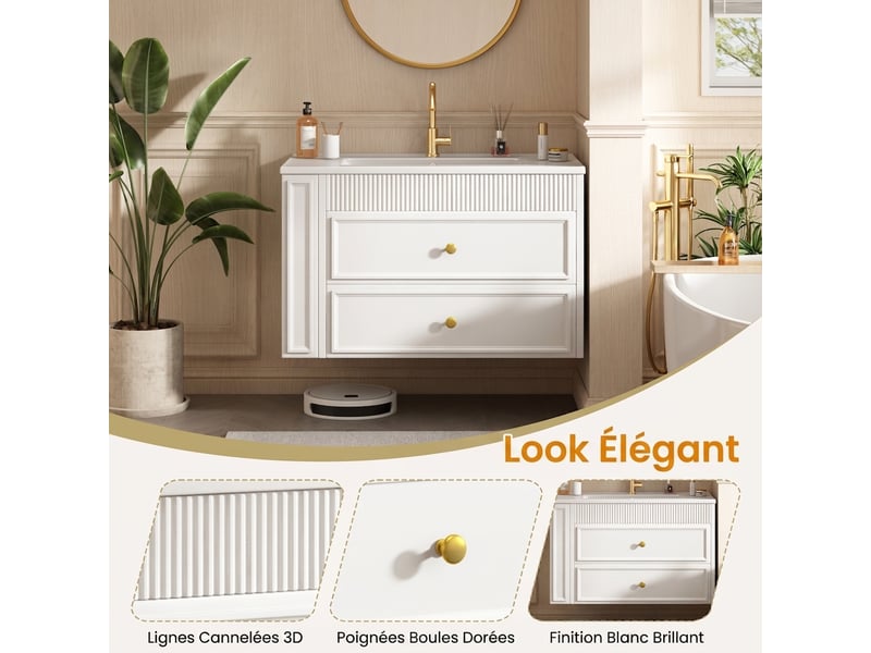  Meuble salle de bain suspendu 81 cm blanc avec vasque en céramique et porte-papier toilette  - Conforama E