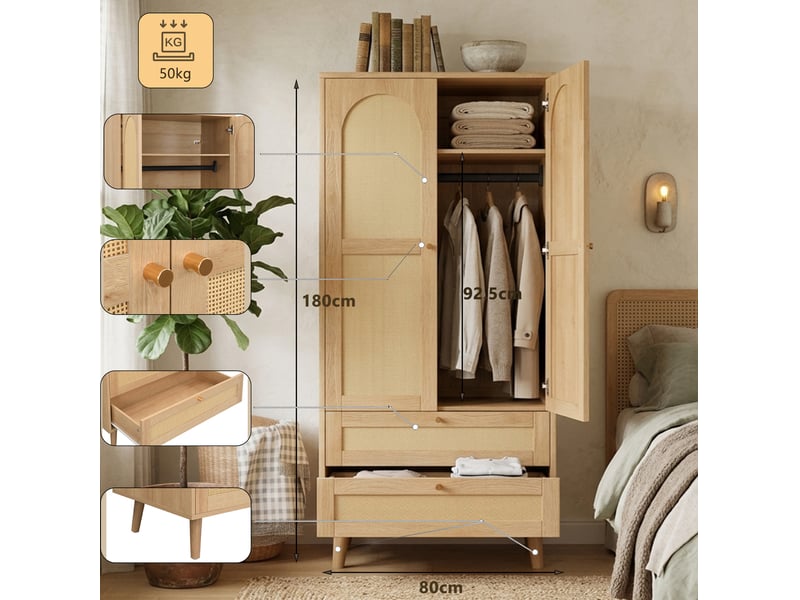  Armoire 80x50x180 cm avec 2 portes et 2 tiroirs, une penderie, design rotin en mdf couleur naturel, design moderne  - Conforama D