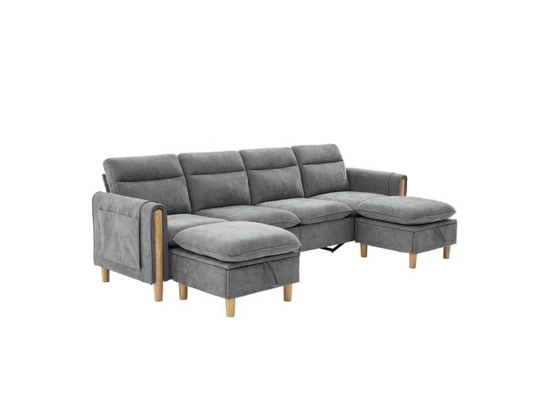  Canapé d'angle u 4 places en chenille 261x77x86 cm avec 2 poufs coffre, canapé modulable avec rangements et pieds en bois - gris clair  - Conforama A
