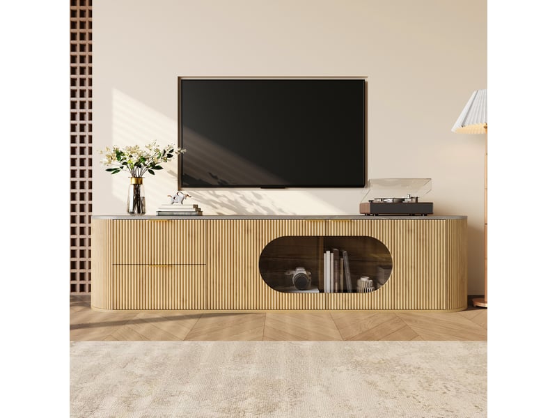  Meuble tv moderne aspect bois 172 cm - portes 3d vitrine ovale en verre gris - rangement multi-zones  - Conforama B