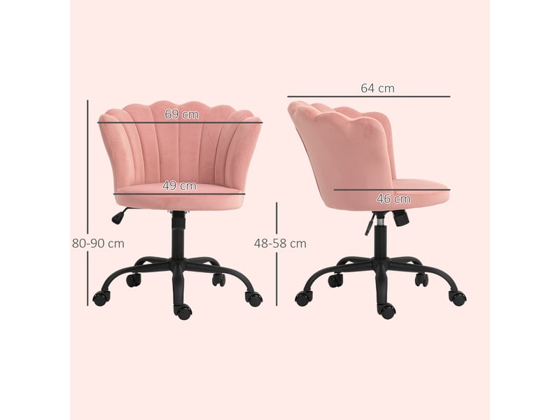  Chaise de bureau sans accoudoirs à dossier pétale, hauteur réglable, revêtement en velours, rose  - Conforama E