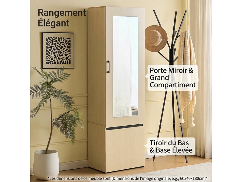  Armoire penderie étroite vestiaire d'entrée avec miroir et tringle extensible, bois clair  - Conforama C