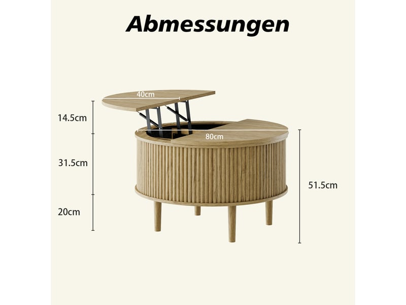 Table basse ronde avec plateaux relevables et rangement compartimenté, décor ondulé en panneaux de particules naturel - Conforama C