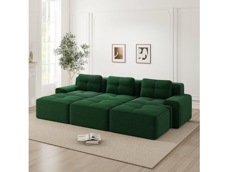  Canapé modulable convertible 3 places avec 3 poufs en velours côtelé vert  - Conforama D