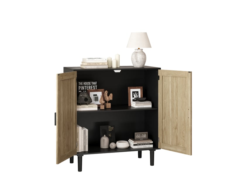  Meuble de rangement en rotin avec 2 portes magnétiques et 2 niches ouvertes pour salon noir 80 × 40 × 88 cm  - Conforama A