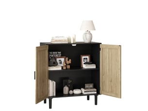 Meuble de rangement en rotin avec 2 portes magnétiques et 2 niches ouvertes pour salon noir 80 × 40 × 88 cm