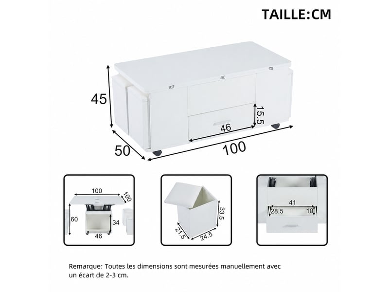  Table basse relevable multifonction blanche – 100 x 50 cm – plateau extensible 100 x 100 cm, 4 tabourets  - Conforama D