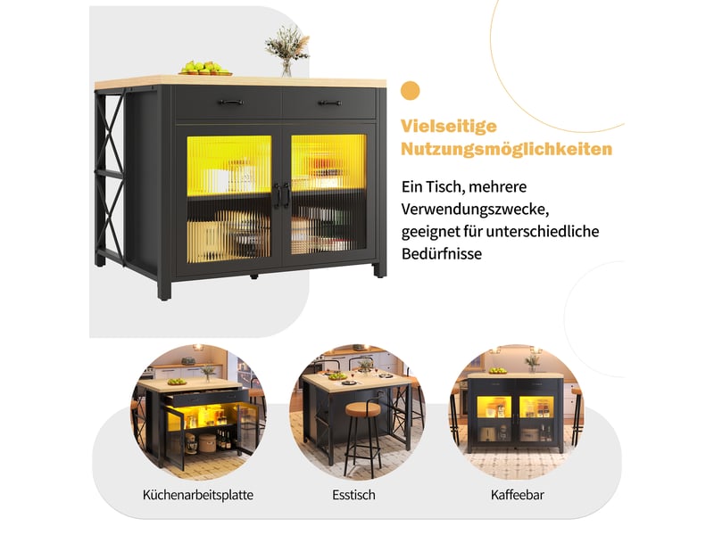  Îlot de cuisine noir avec bande led, plateau imitation bois, 2 tiroirs, porte vitrée, étagère, pieds réglables 100 - Conforama W