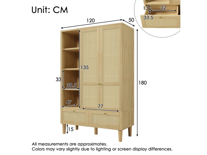  Armoire 2 portes avec étagères et 2 tiroirs, 120x50x180 cm, aspect chêne clair  - Conforama E
