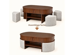 Table basse ovale effet noyer avec rangement et poufs en tissu, rainures verticales, 120 x 60 x 51,5 cm