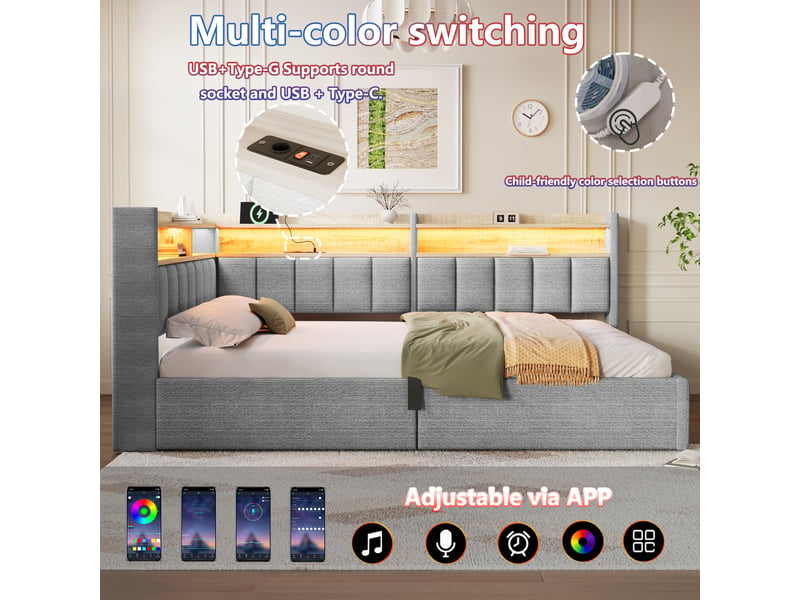 Lit banquette 140x200 cm gris en velours avec rangement hydraulique, led, usb et meuble latéral montable à gauche ou à droite Morn Vibe - Conforama D